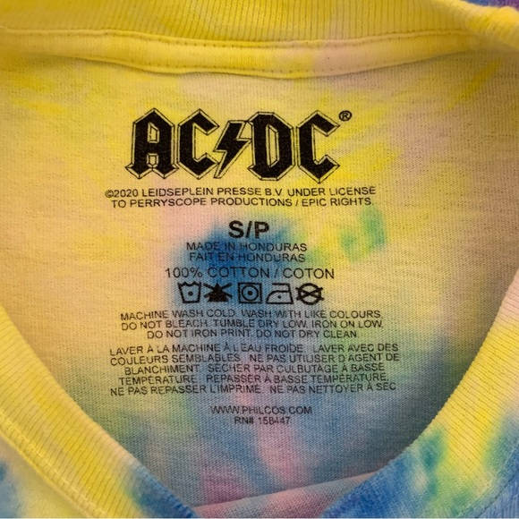 ACDC Band Tie Dye Graphic Crew Neck Unisex Tee Shirt Pink Blue Yellow Small - Picture 6 of 8